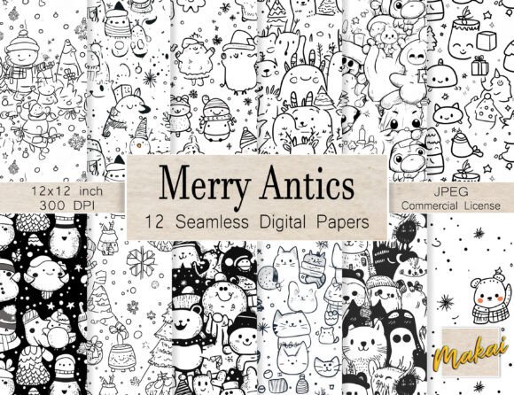 12 Black White Xmas Cartoon Patterns: A Playful Addition to Your Holiday Design Toolkit