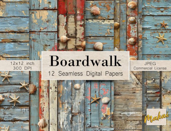 Boardwalk Wood with Shells Patterns: A Coastal-Inspired Digital Paper Collection