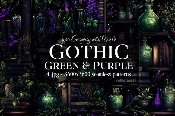 Gothic Green Purple Seamless Patterns 10: A Unique Package for Wiccan Gothic Halloween Magic Backgrounds