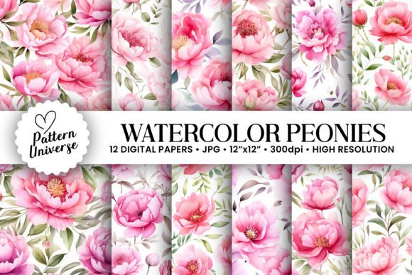 Pink Watercolor Peony Flower Patterns for Creative Projects